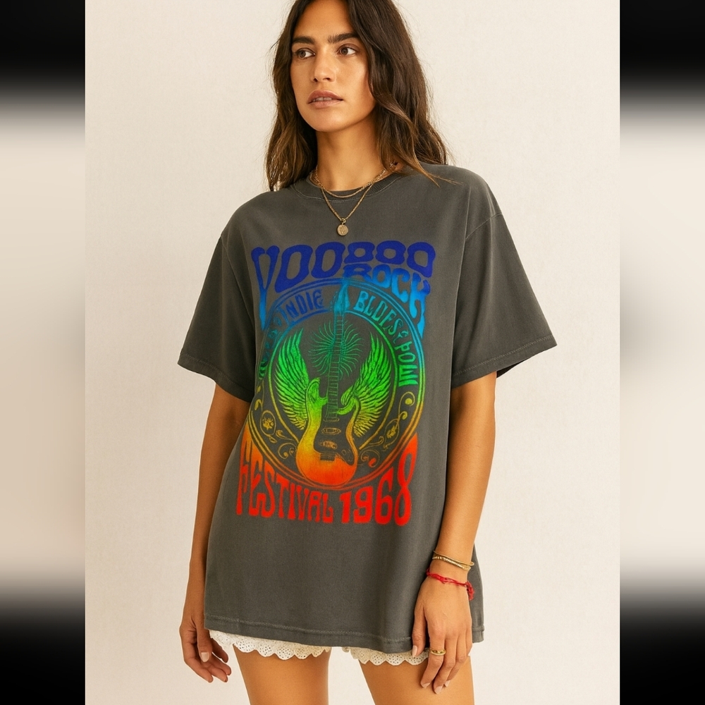 Free People Rock Festival 1968 Music T-shirt Refinery Gray Combo Sz Medium NwT